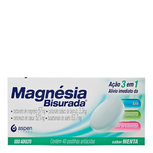 Antiácido Magnésia Bisurada 67Mg + 3,3Mg + 521Mg + 63,7Mg 40 Pastilhas