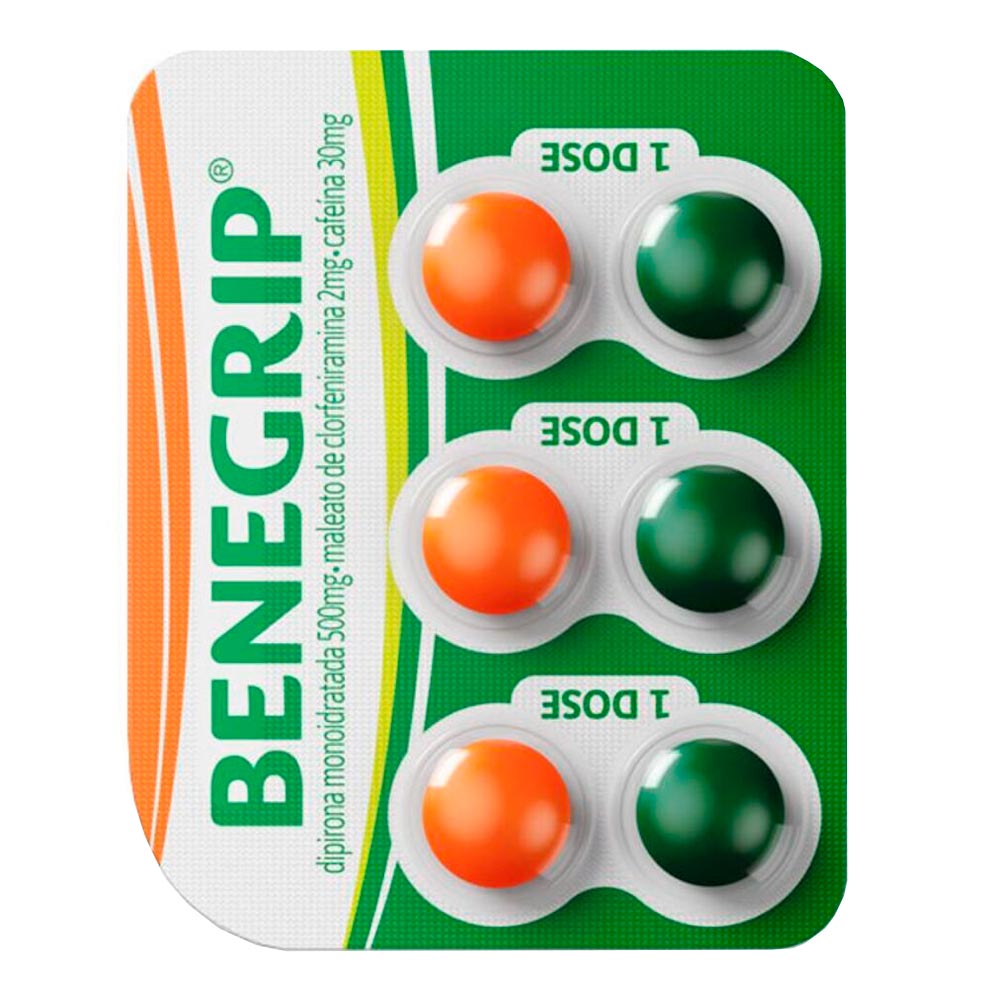 Antigripal, Analgésico, Antitérmico e Antialérgico Benegrip 500mg + 30mg + 2mg 6 Comprimidos Revestidos
