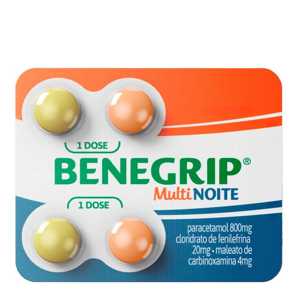 Antigripal, Analgésico, Antitérmico, Antialérgico e Descongestionante Benegrip Multi Noite 800mg + 20mg + 4mg 4 Comprimidos